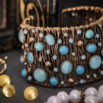Antique gold treated brass & copper alloy bracelet with glass paste cabochon stones and SWAROVSKI crystals