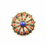 Hypoallergenic gold treated bronze brooch with glass paste cabochon stones and SWAROVSKI rhinestones