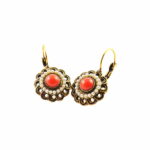 Hypoallergenic bronze earrings treated with gold with glass paste cabochon stones and micro-pearls.