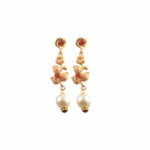 Hypoallergenic gold treated bronze earrings with natural river pearl and cabochon stones in glass paste.
