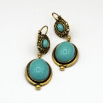 Antique gold treated copper brass alloy earrings, glass paste cabochon handmade